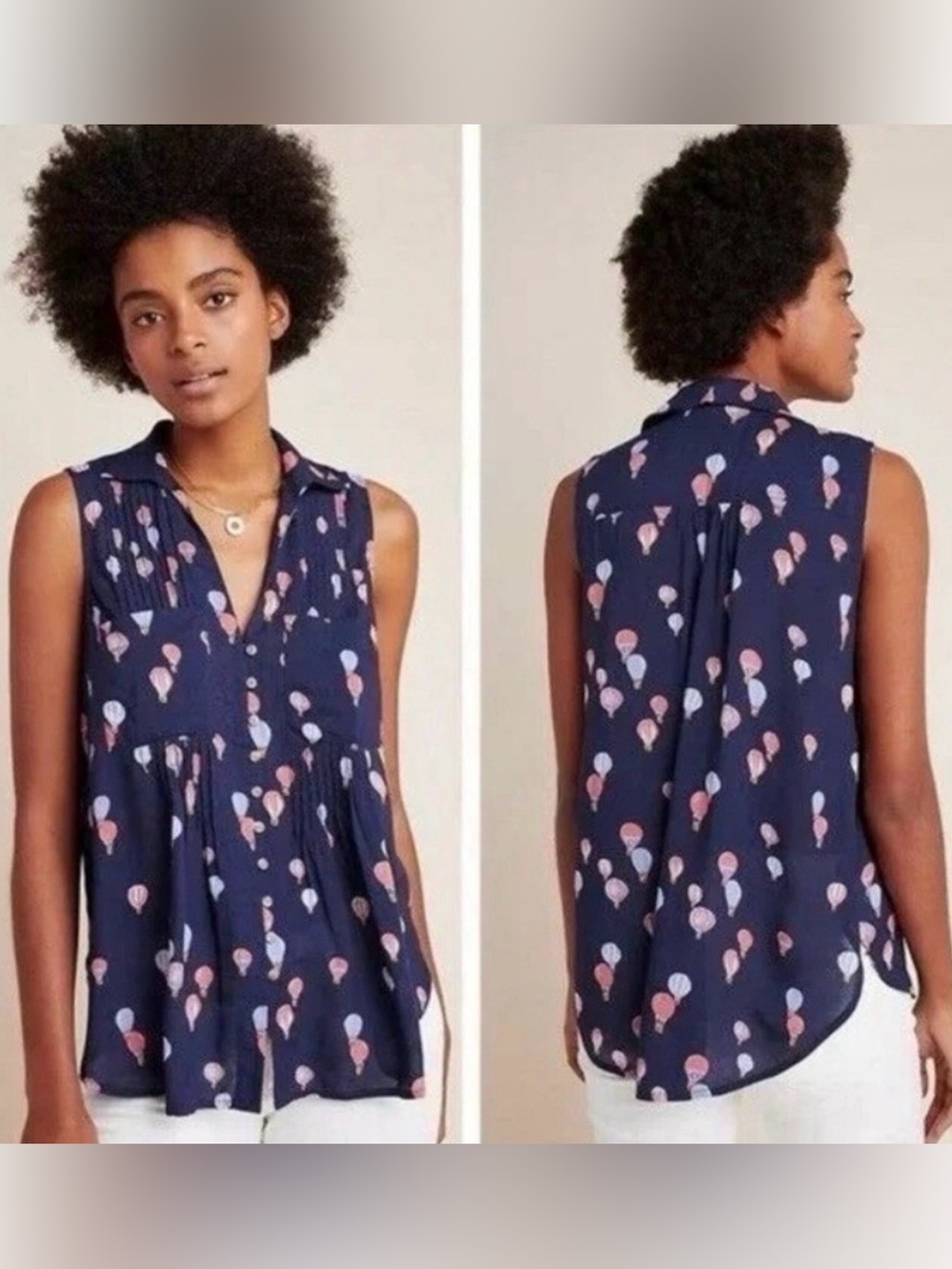 Anthropologie Meve Sleeveless Navy Balloon Sleeveless Blouse, Size L